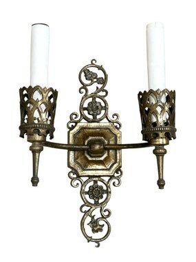 Antique 1920s Signed Oscar Bach Cast Brass Two Arm Wall Sconce